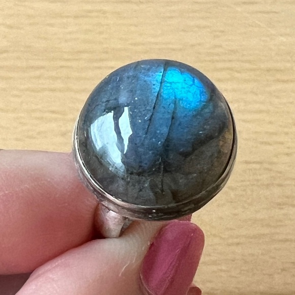 VINTAGE LARGE LABRADORITE CABOCHON RING 925 STERLING SILVER BLUE ETHEREAL GLOW
